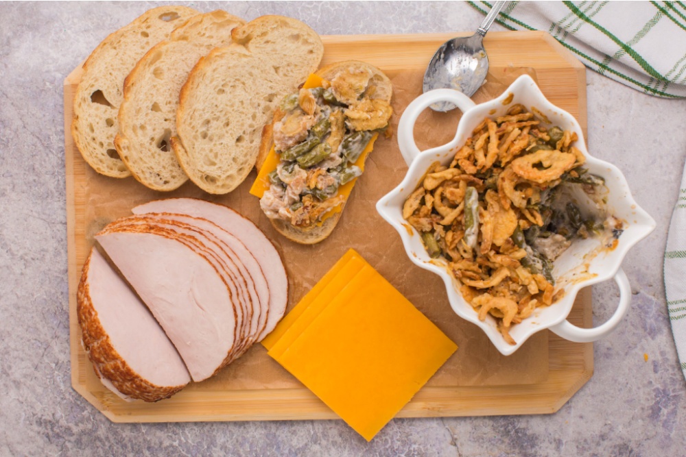 ingredients for green bean casserole grilled cheese on a cutting board