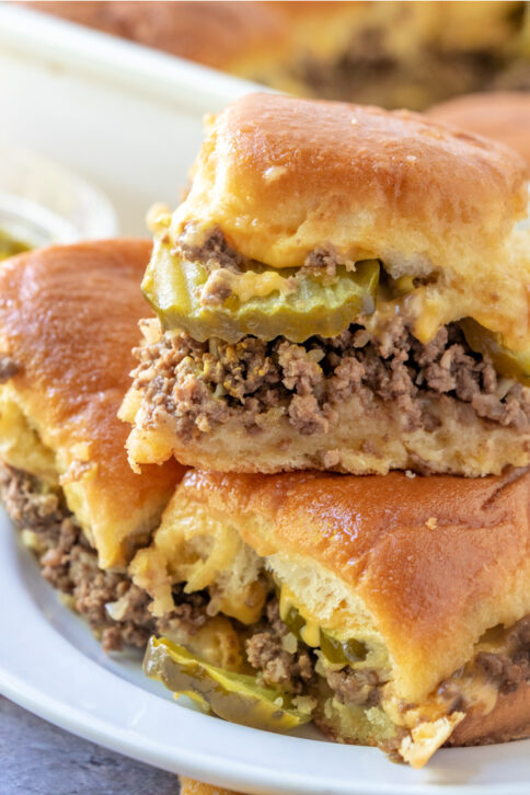 Maid Rite Sliders stacked on a plate