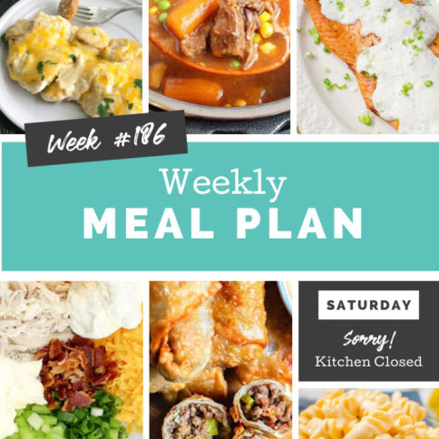 Collage image showing images of recipes from weekly meal plan