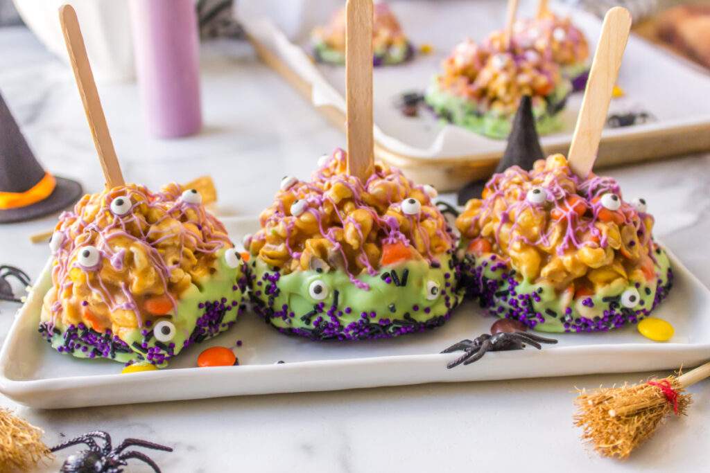 Monster Popcorn Balls on a plate