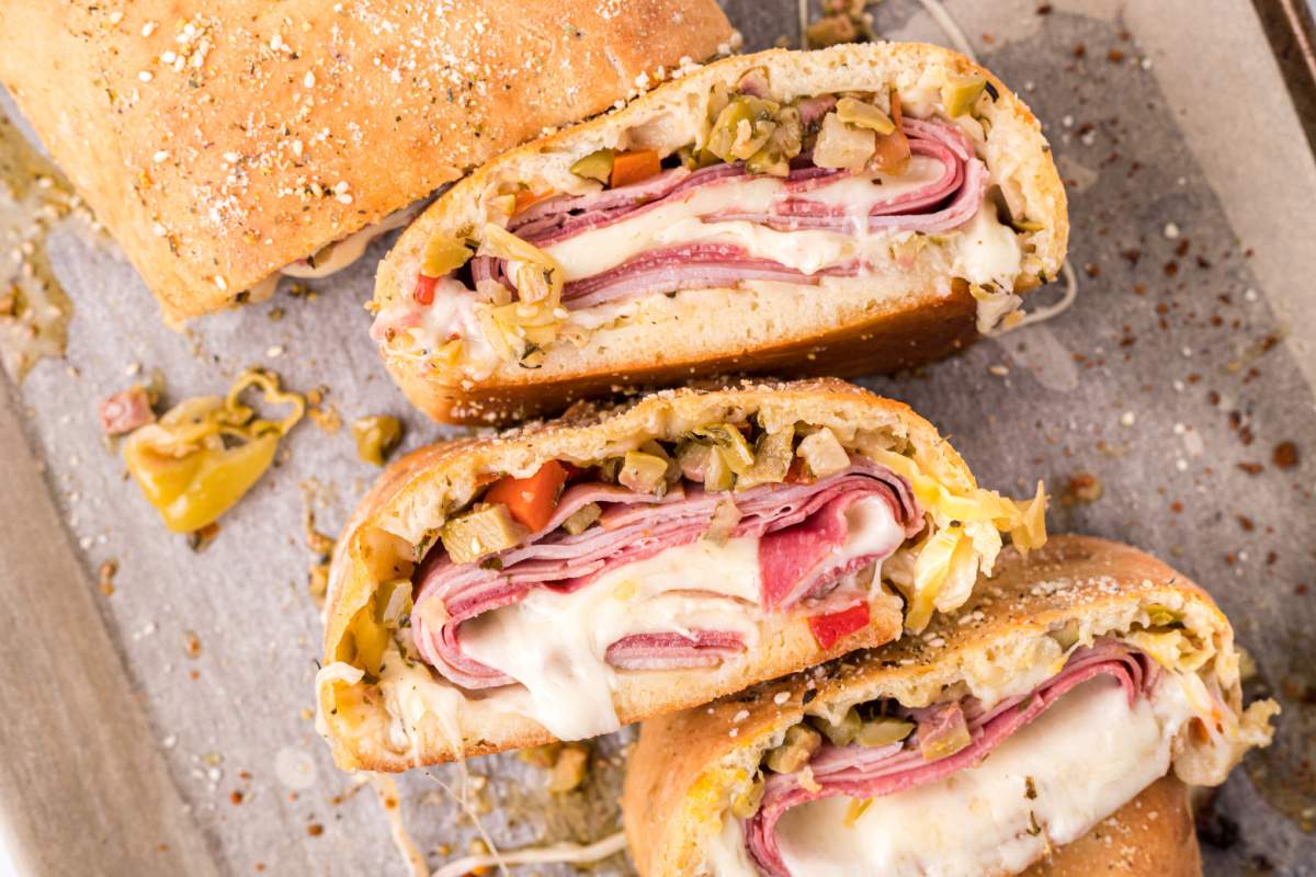 Muffuletta Garbage Bread cut into slices