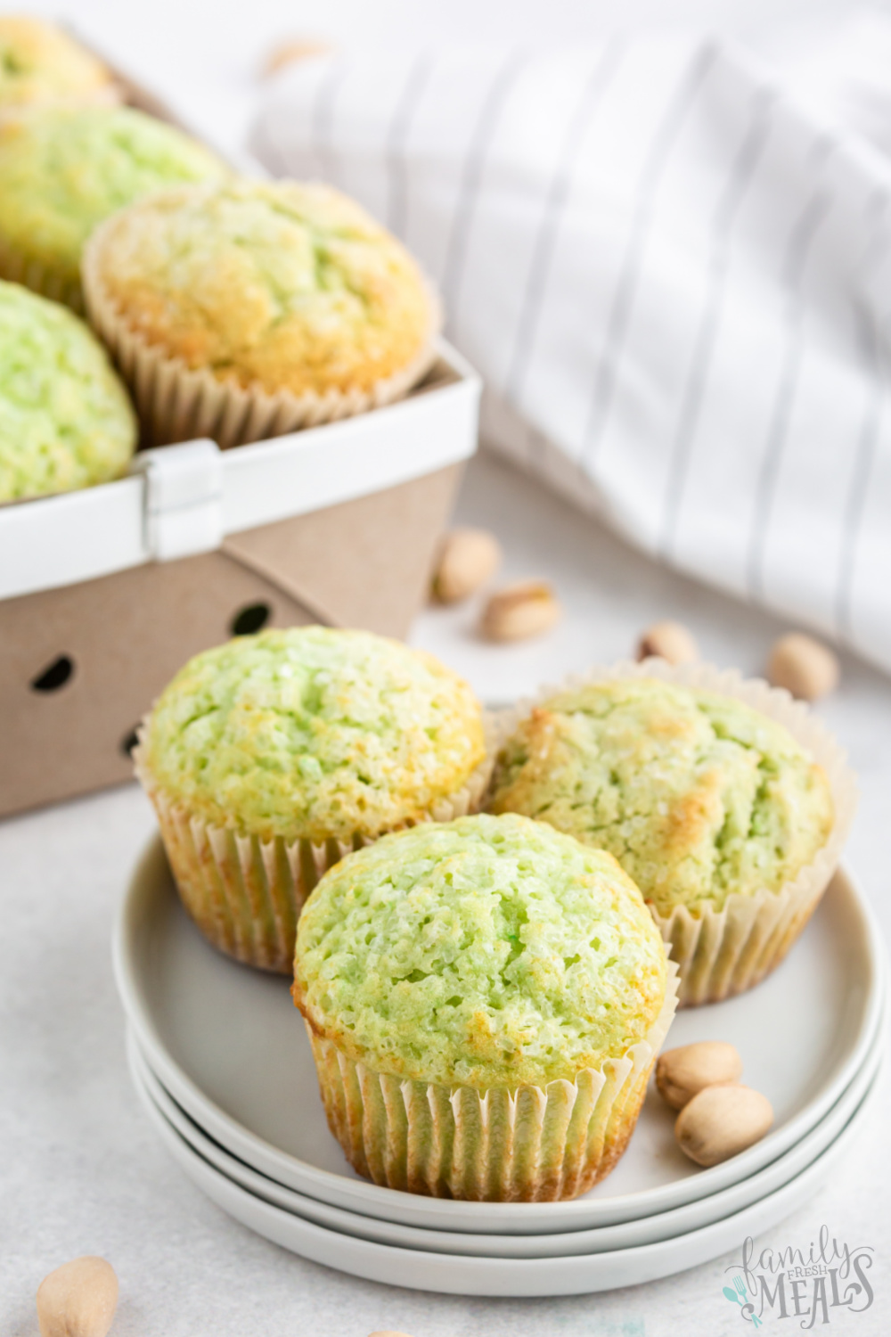 Flavorful and fun, these green Pistachio Muffins are effortless to make and you also have the option of adding real pistachios if you wish. via @familyfresh