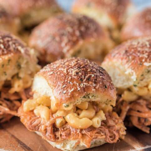 Pulled Pork Mac and Cheese Sliders on a platter