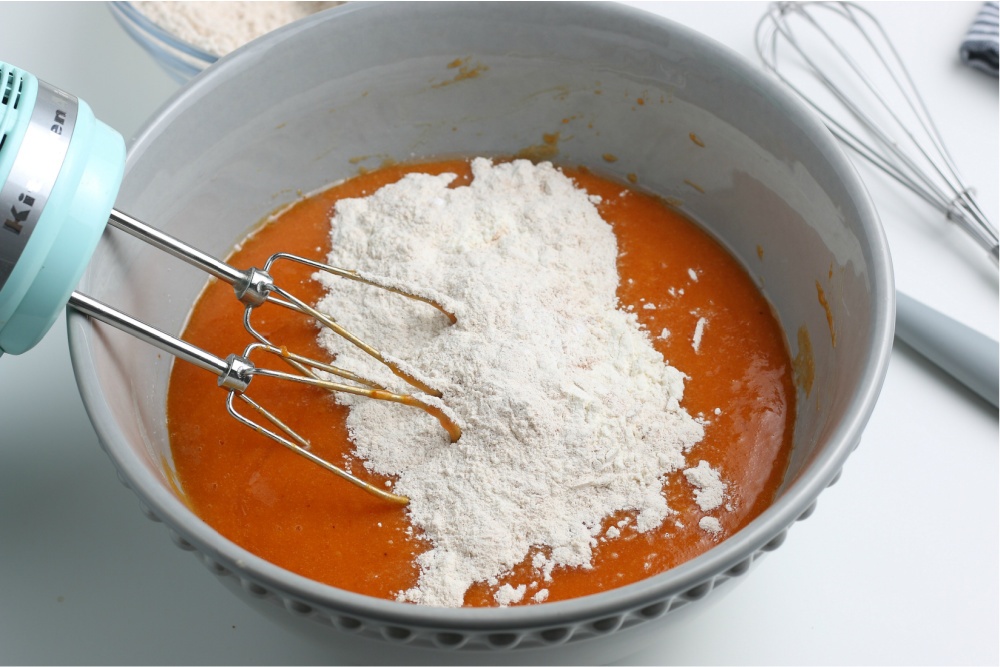 mixing dry ingredients into batter