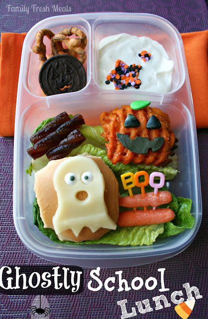 Top down image of halloween themed food in an Easy Lunchbox container