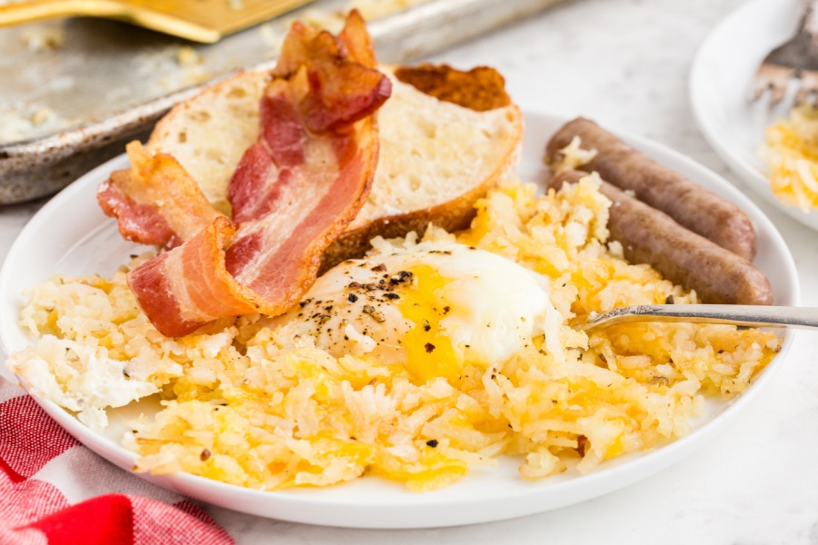 A serving of sheet pan breakfast on a plate