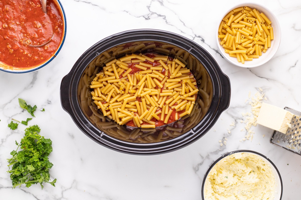 half of dried pasta added to crock pot