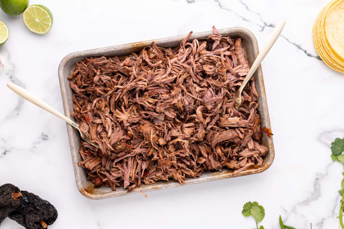 shredded beef on tray