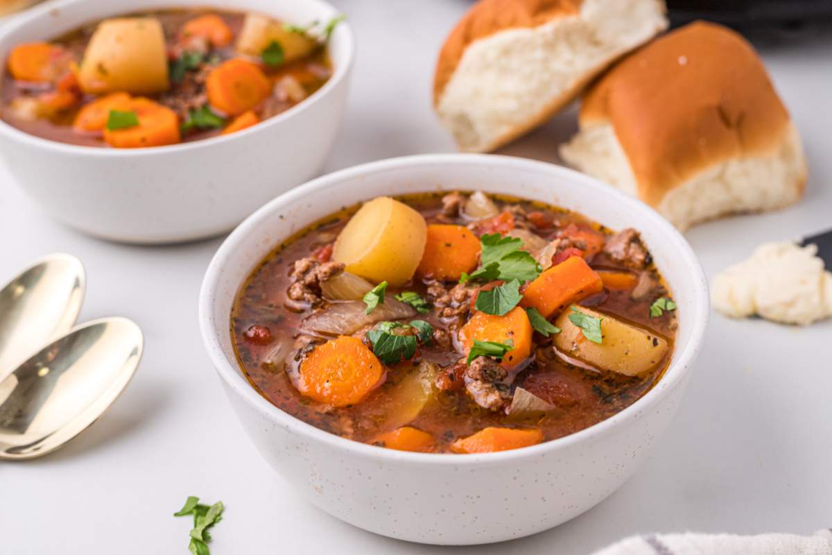 Slow Cooker Poor Mans Stew in a bowl