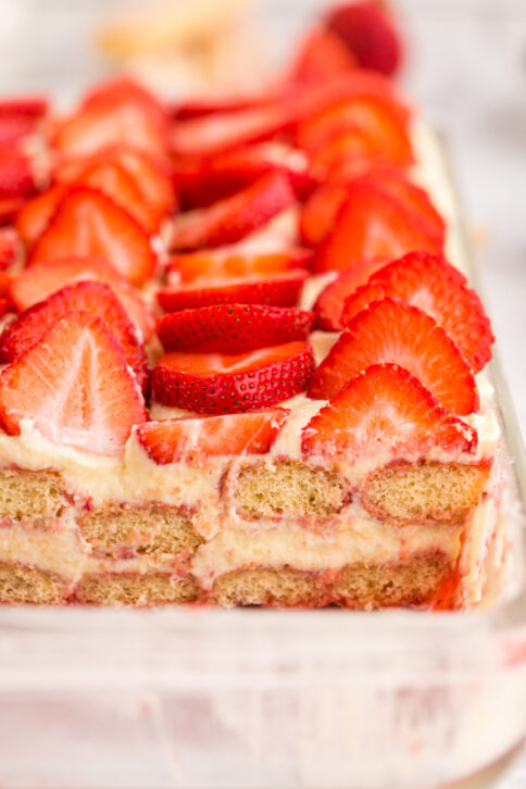 Strawberry tiramisu in baking pan