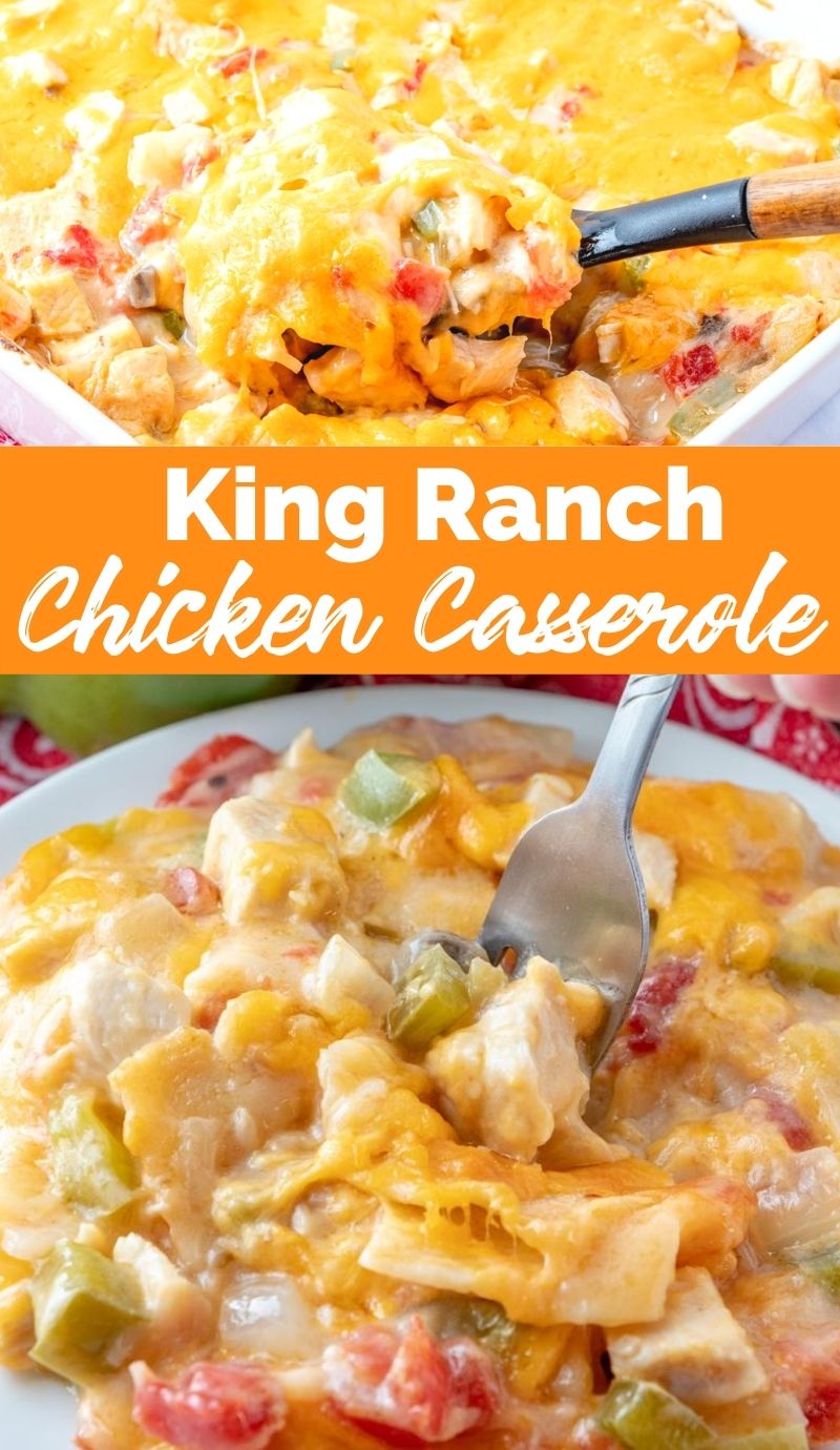 This King Ranch Chicken Casserole is a combo of chopped chicken, cheese, tortillas, and spicy tomatoes in a creamy sauce, and is a sure-fire hit. via @familyfresh