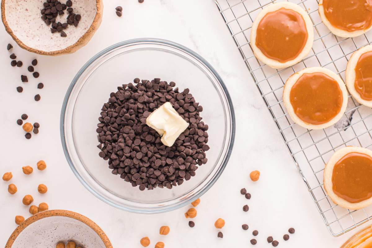 chocolate chips and butter in a bowl