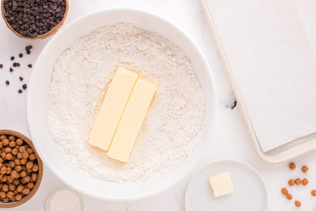 sticks of butter in flour mixture