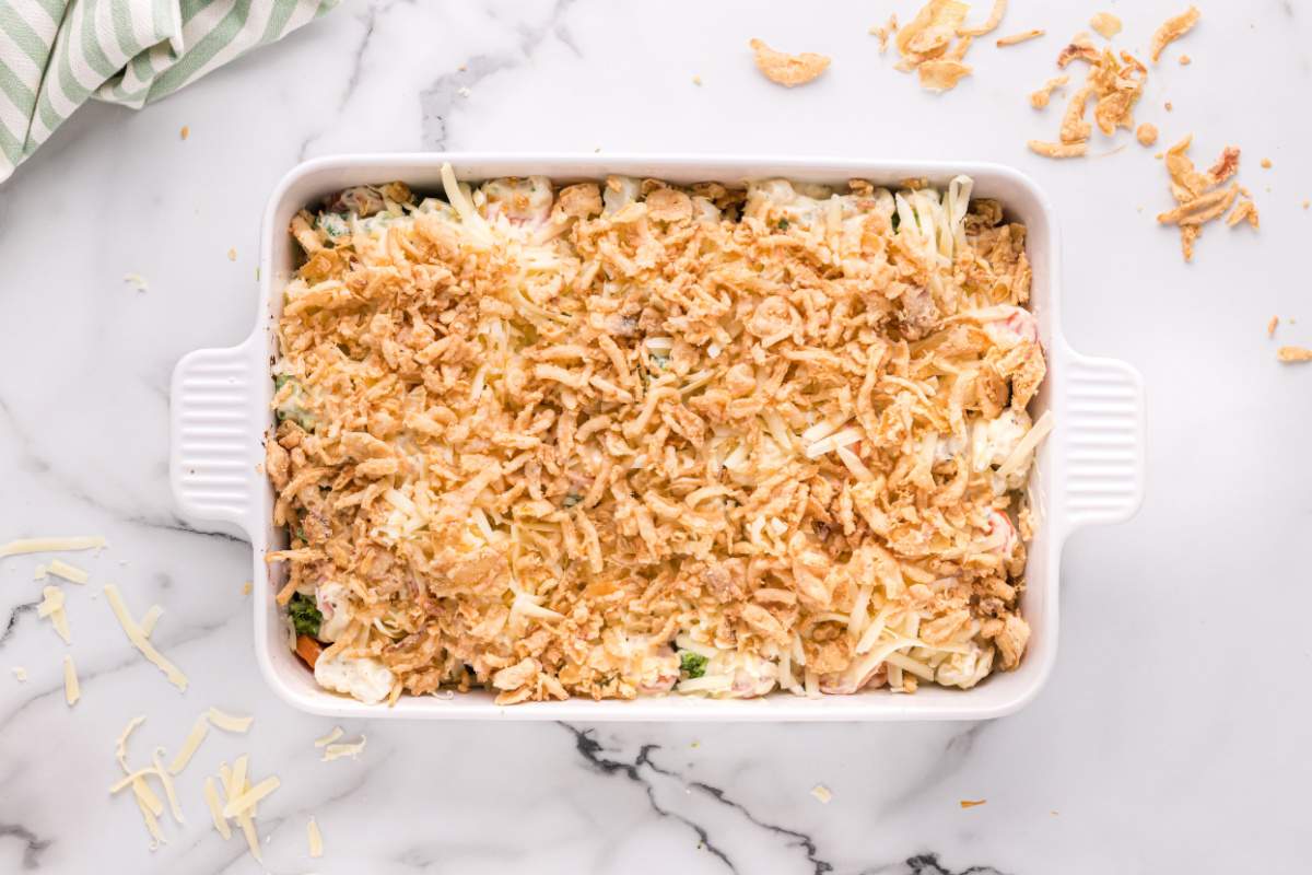 crispy french onion added to top of casserole