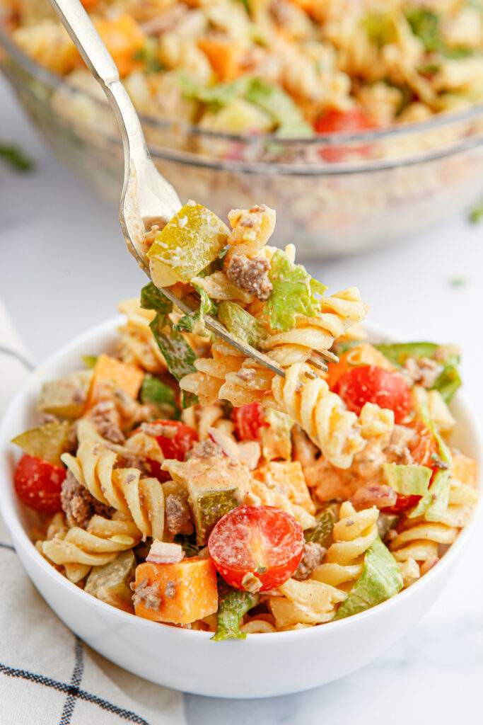 Big Mac Pasta salad in a small bowl