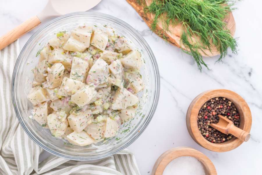 dill potato salad in bowl