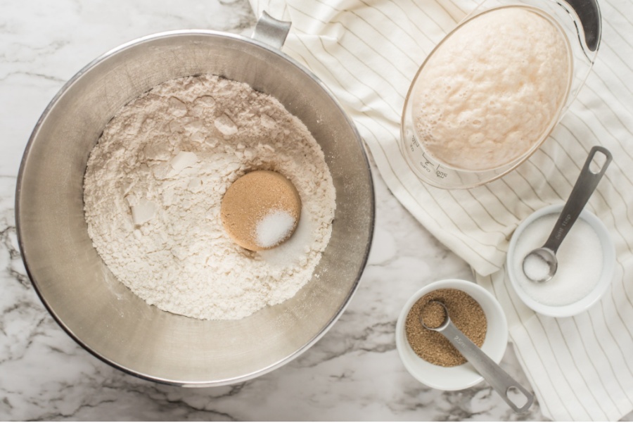 mixing bowl with dry ingredients in it