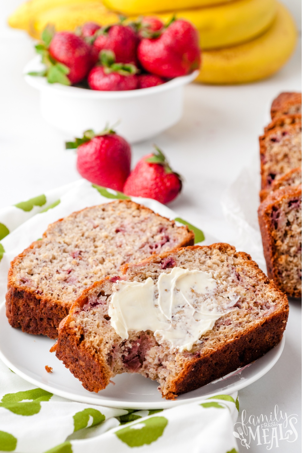 Soft, tender, and bursting with fresh strawberry flavor, this Strawberry Banana Bread is double the fruit, double the fun. #bananabread #bread #strawberry via @familyfresh