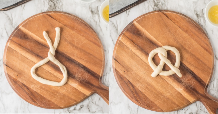 two images showing how to shape dough into pretzel shape